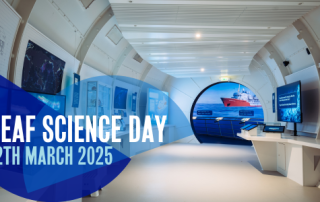 Dynamic Earth exhibition space promoting Deaf Science Day on 12 March 2025, with digital displays and event branding.